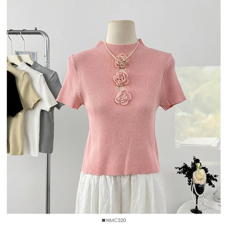 Pure Spice Girl Hollow Stitching Three - dimensional Flower Knitted Short - sleeved Women's T-shirt Summer New Age - reducing Top - Zeprah