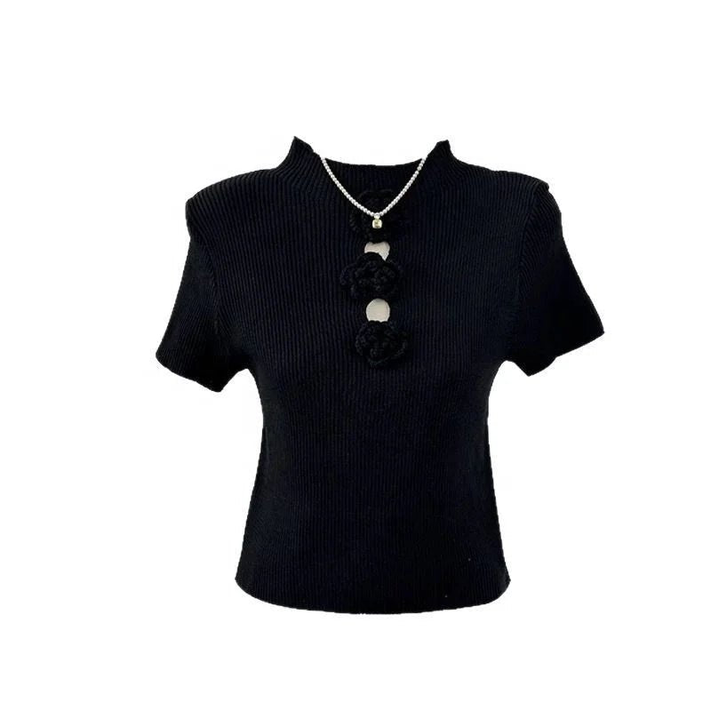 Pure Spice Girl Hollow Stitching Three - dimensional Flower Knitted Short - sleeved Women's T-shirt Summer New Age - reducing Top - Zeprah