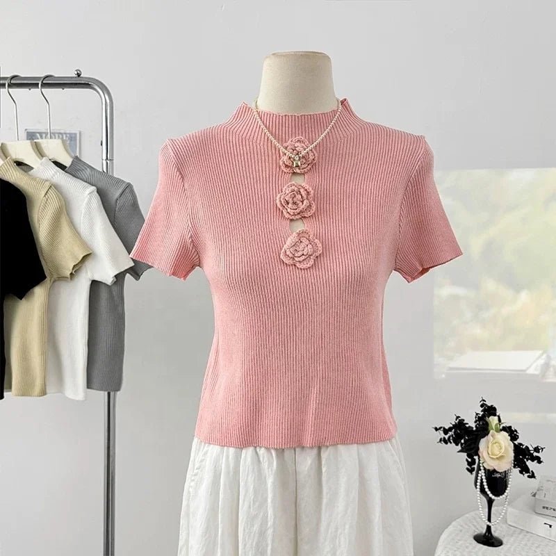 Pure Spice Girl Hollow Stitching Three - dimensional Flower Knitted Short - sleeved Women's T-shirt Summer New Age - reducing Top - Zeprah