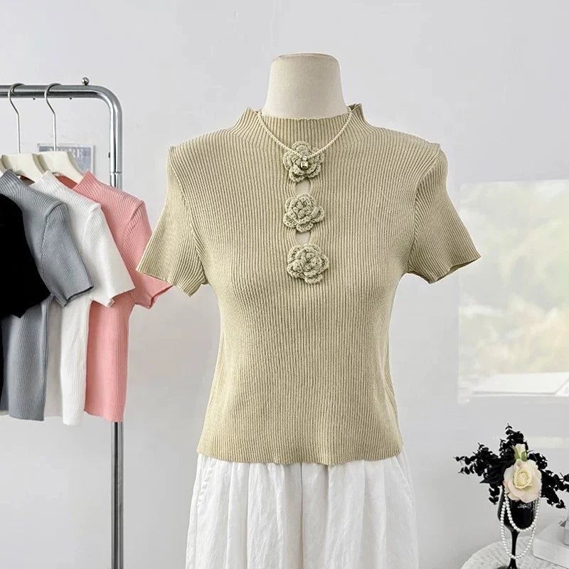 Pure Spice Girl Hollow Stitching Three - dimensional Flower Knitted Short - sleeved Women's T-shirt Summer New Age - reducing Top - Zeprah