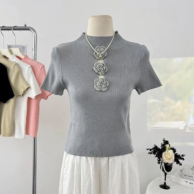 Pure Spice Girl Hollow Stitching Three - dimensional Flower Knitted Short - sleeved Women's T-shirt Summer New Age - reducing Top - Zeprah