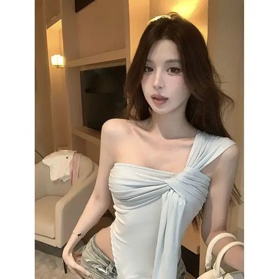 Pure Spice Girls Short Irregular Shoulder Women's Camisole Summer New Slim - fit Pleated Niche Top for Outer Wear - Zeprah
