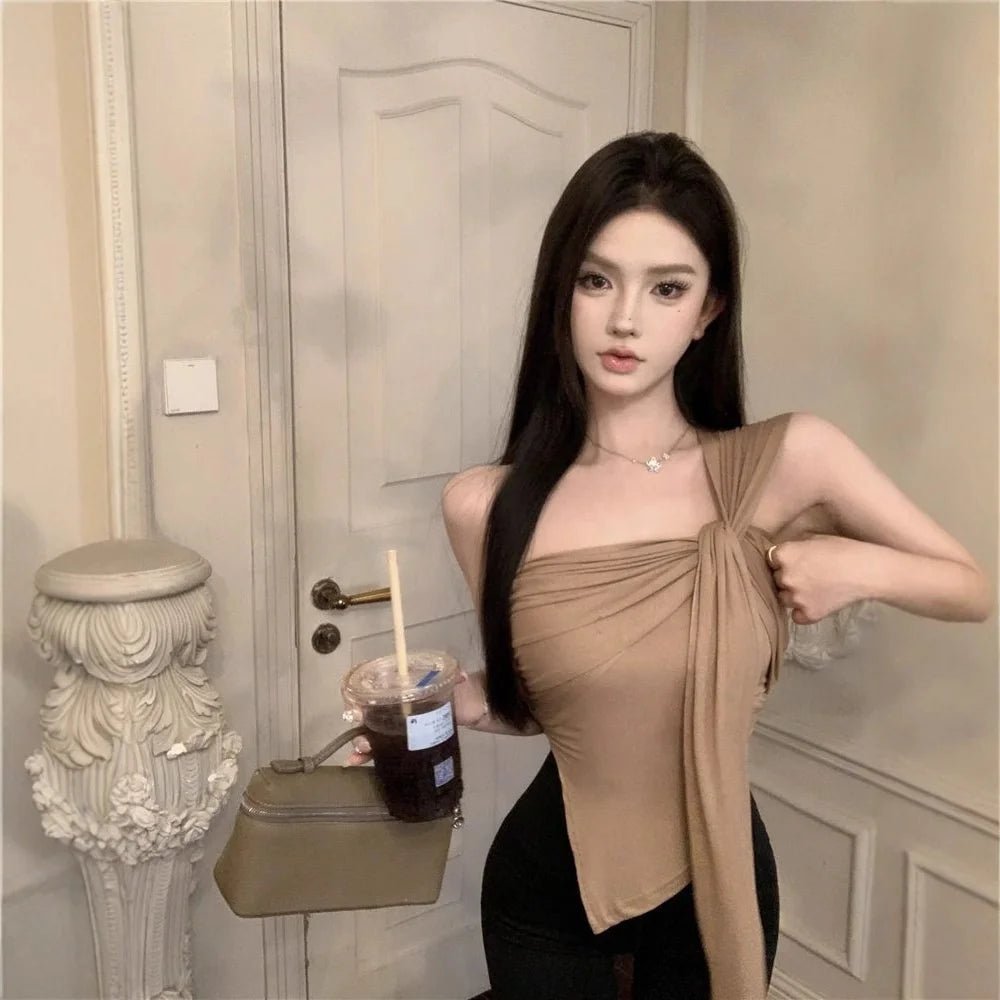 Pure Spice Girls Short Irregular Shoulder Women's Camisole Summer New Slim - fit Pleated Niche Top for Outer Wear - Zeprah