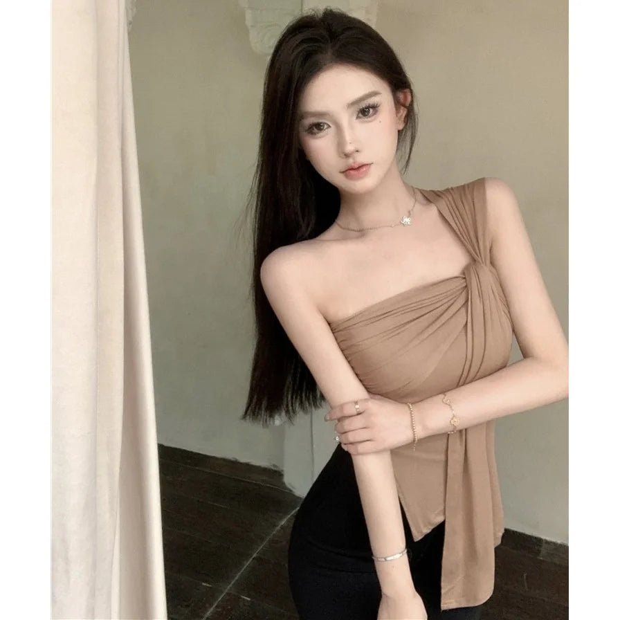 Pure Spice Girls Short Irregular Shoulder Women's Camisole Summer New Slim - fit Pleated Niche Top for Outer Wear - Zeprah