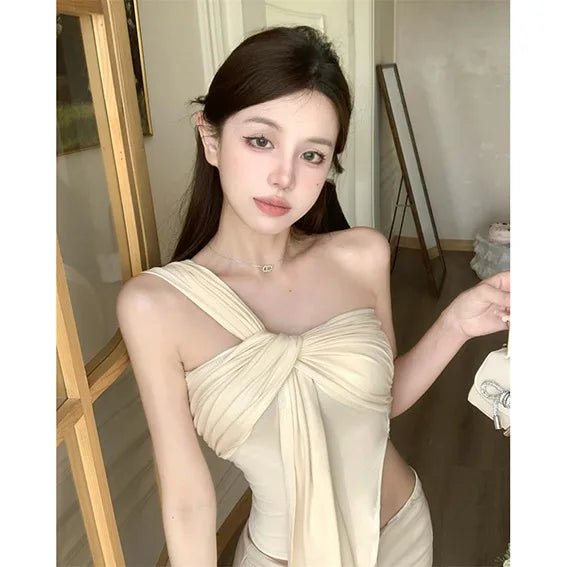 Pure Spice Girls Short Irregular Shoulder Women's Camisole Summer New Slim - fit Pleated Niche Top for Outer Wear - Zeprah