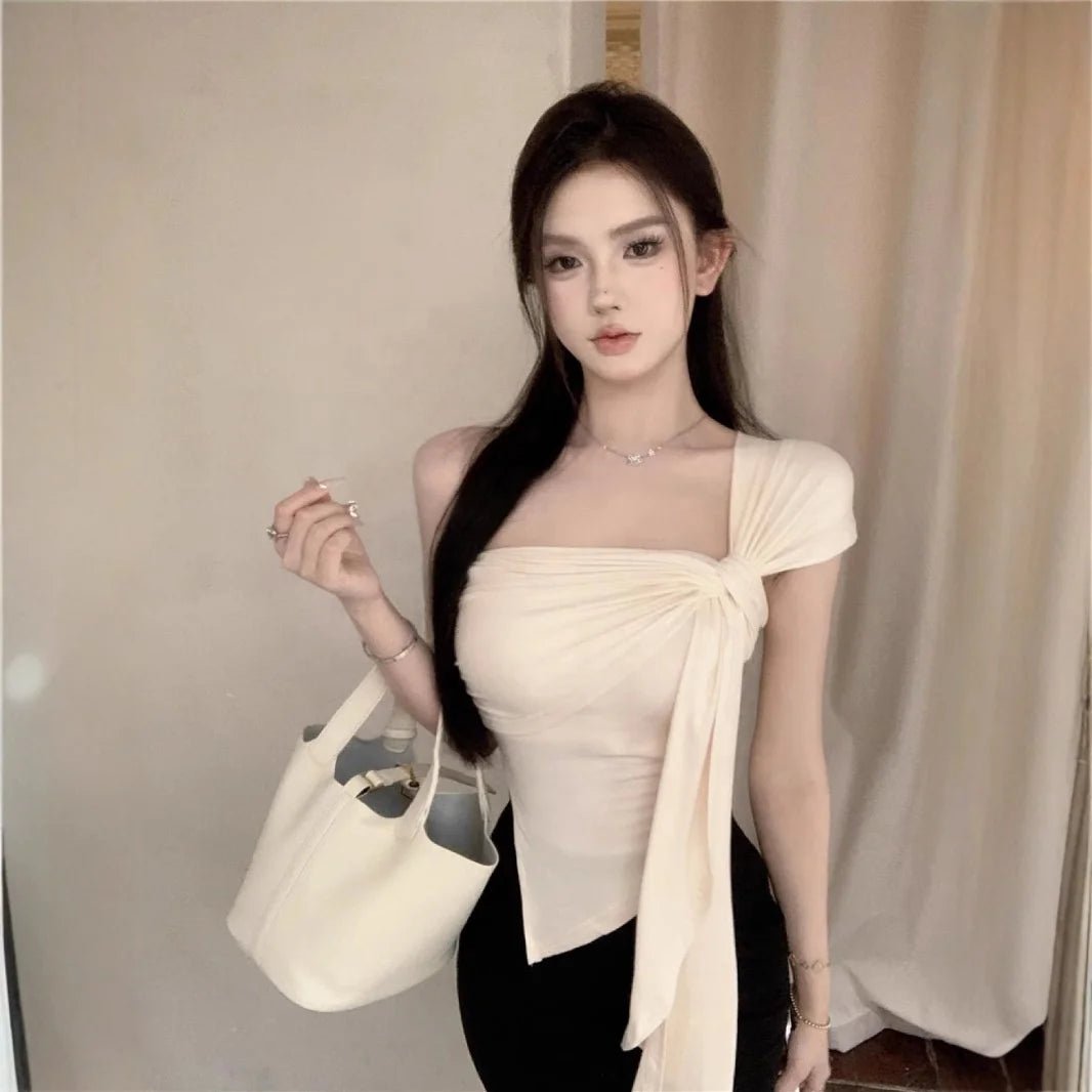 Pure Spice Girls Short Irregular Shoulder Women's Camisole Summer New Slim - fit Pleated Niche Top for Outer Wear - Zeprah