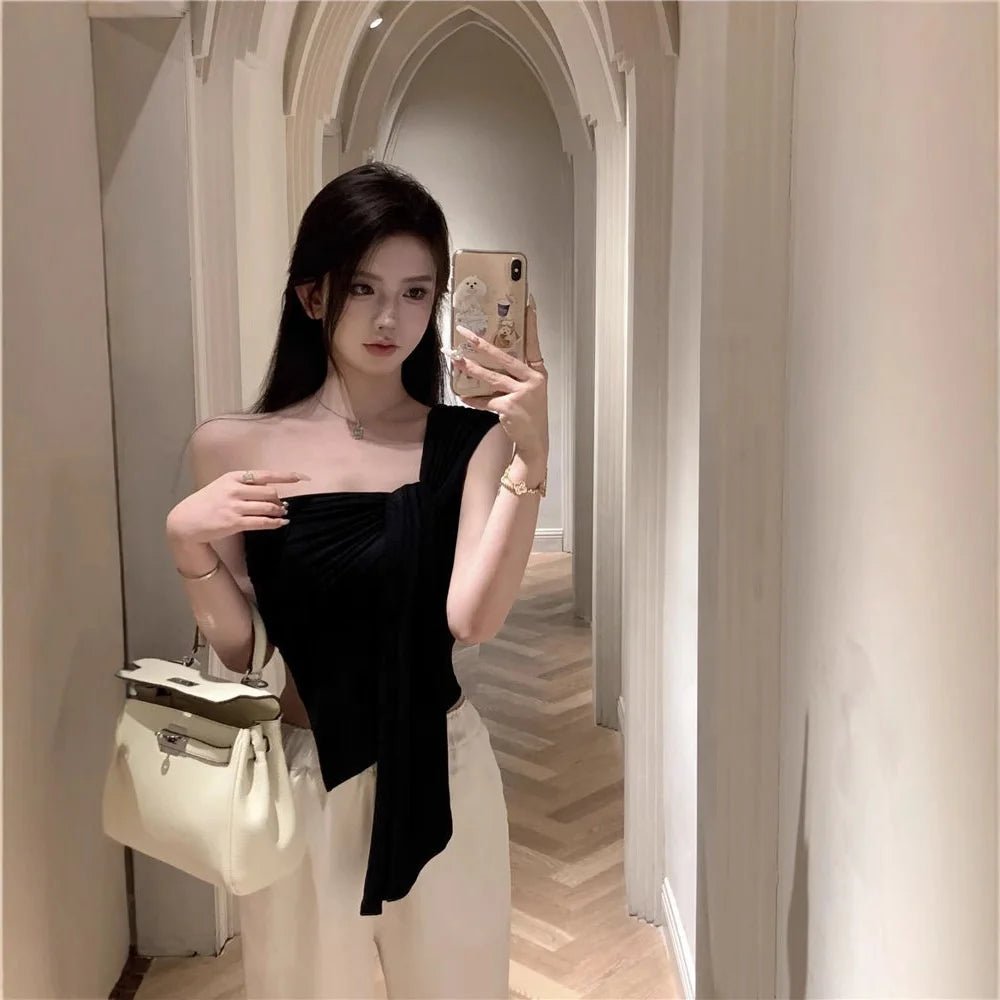 Pure Spice Girls Short Irregular Shoulder Women's Camisole Summer New Slim - fit Pleated Niche Top for Outer Wear - Zeprah