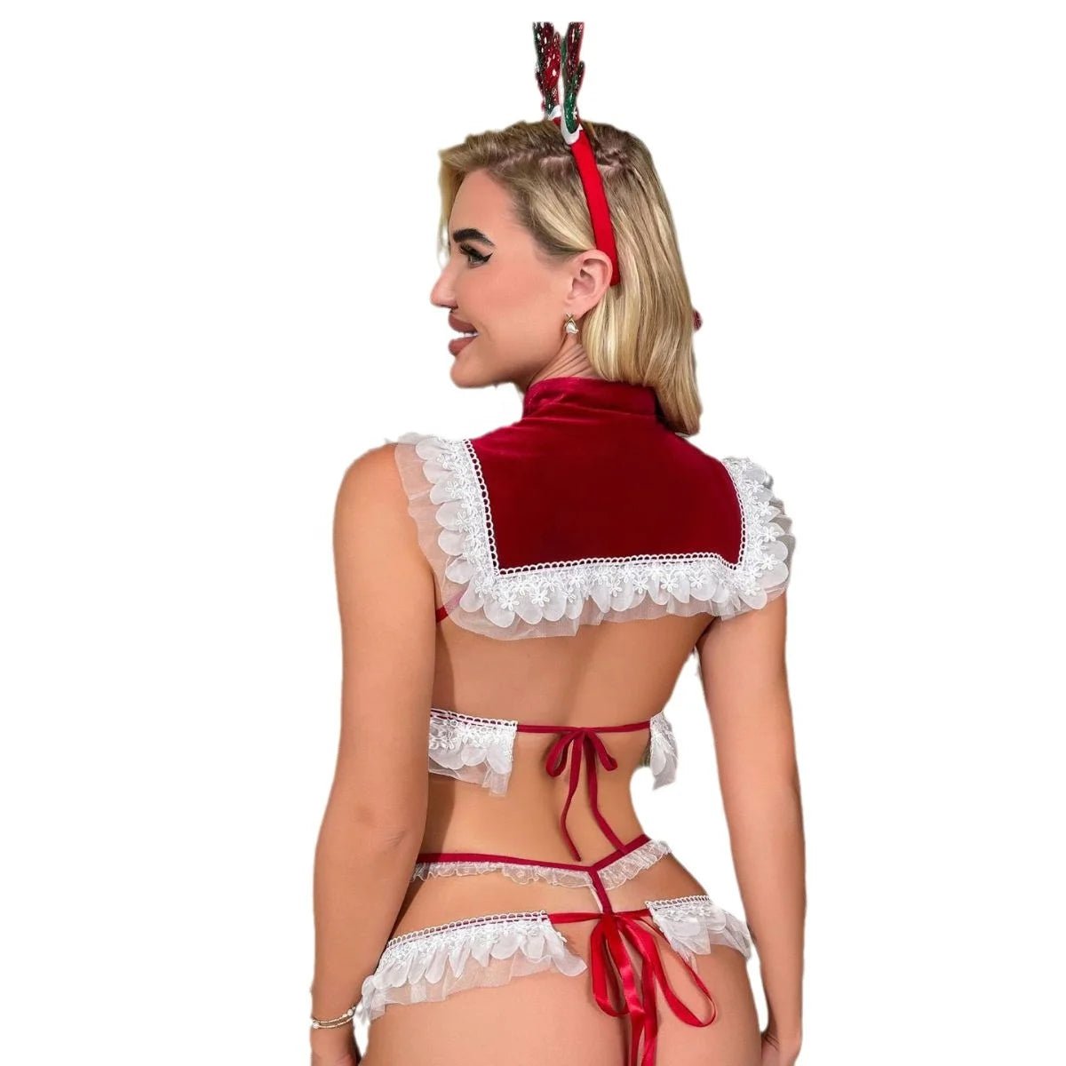 Red Christmas Women's set with Lace Trim, Including Lingerie, Underwear and Shawl Three - piece Set of Night Wear - Zeprah