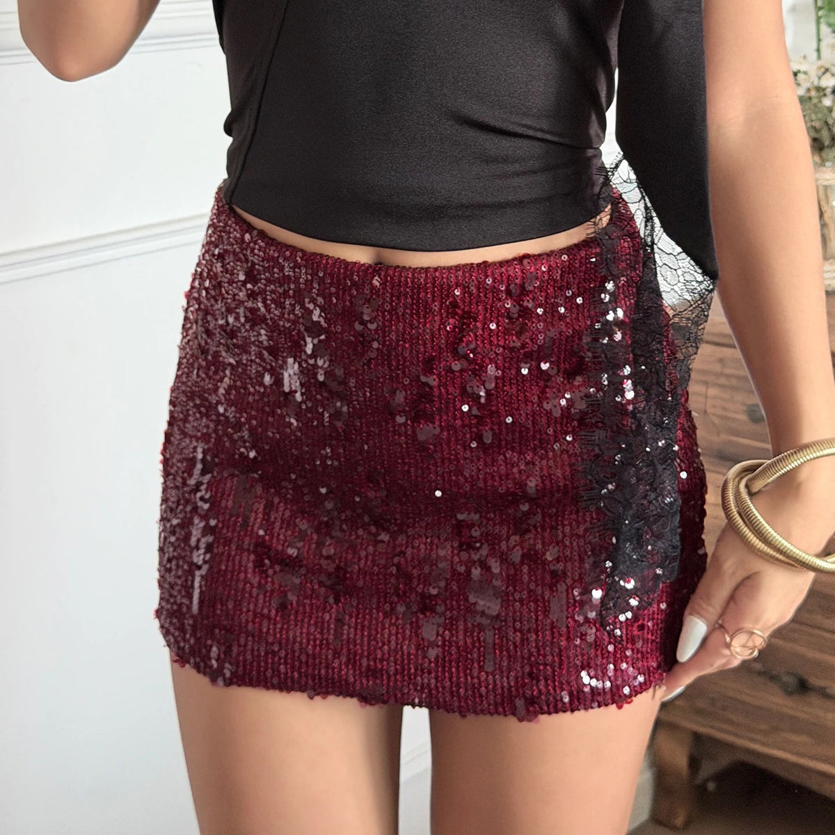 Red Sequin Bodycon Mini Skirt Low - Rise Club Party Skirt for Women - Zeprah