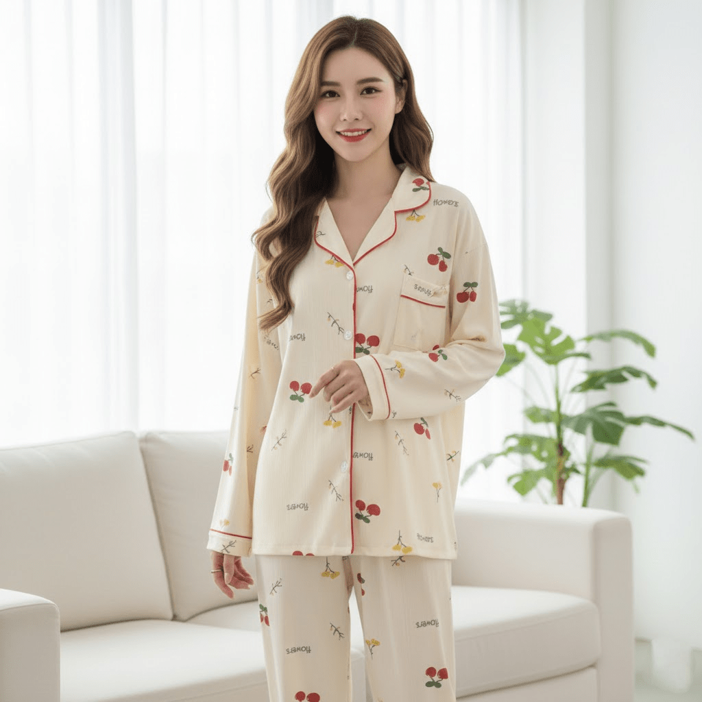 Relaxed Fit Fruit Print Button - Down Pajama Set - Zeprah