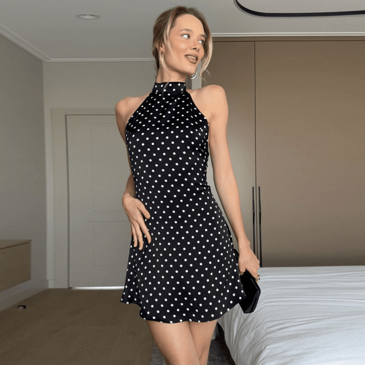 Retro Black & White Polka Dot Halter Mini Dress - Zeprah