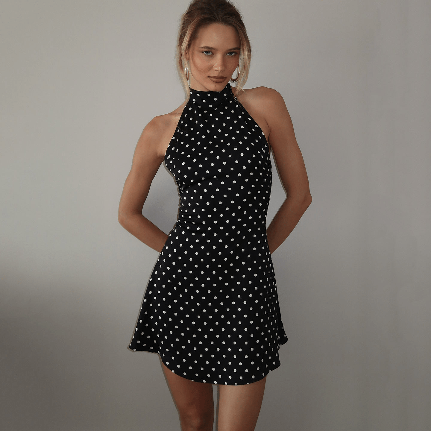 Retro Black & White Polka Dot Halter Mini Dress - Zeprah