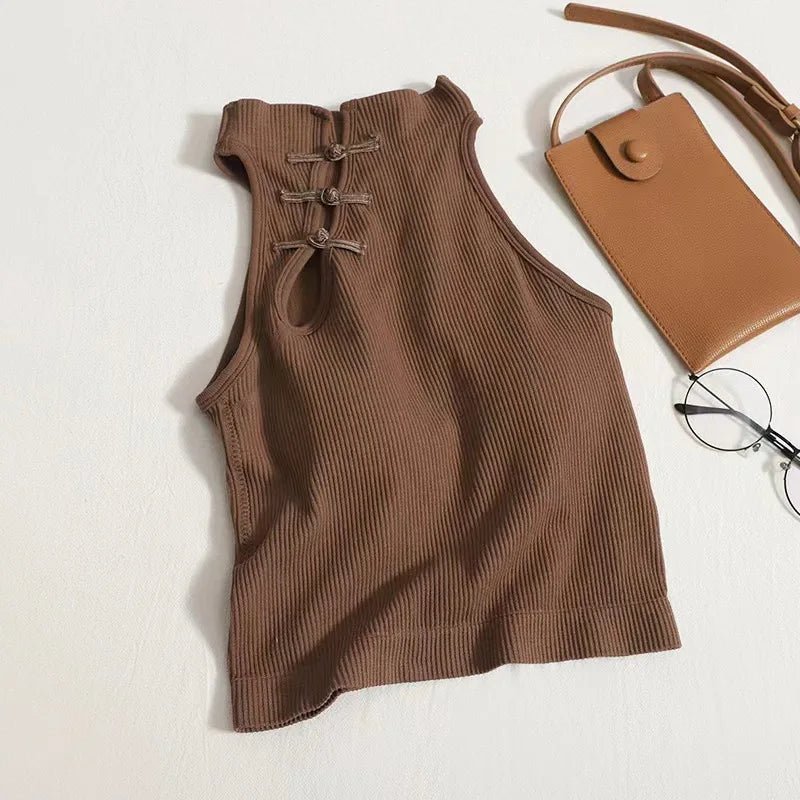 Retro Buckle Cheongsam Style Half - turtleneck Sleeveless Vest Crop Top Women's tank - Zeprah