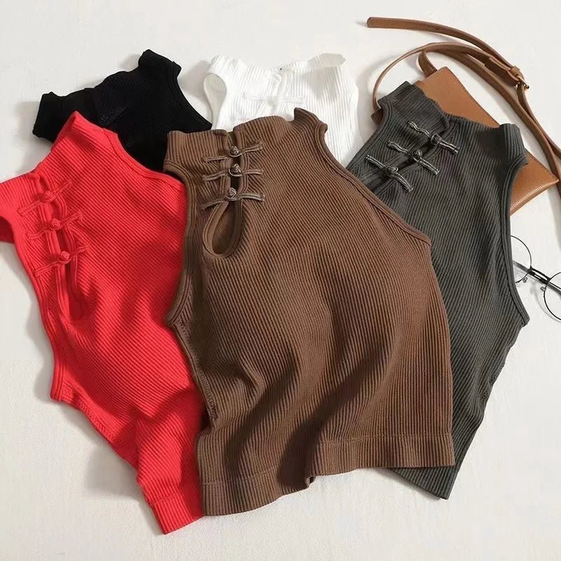 Retro Buckle Cheongsam Style Half - turtleneck Sleeveless Vest Crop Top Women's tank - Zeprah