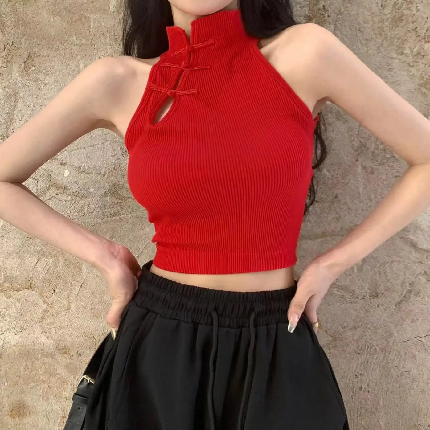 Retro Buckle Cheongsam Style Half - turtleneck Sleeveless Vest Crop Top Women's tank - Zeprah