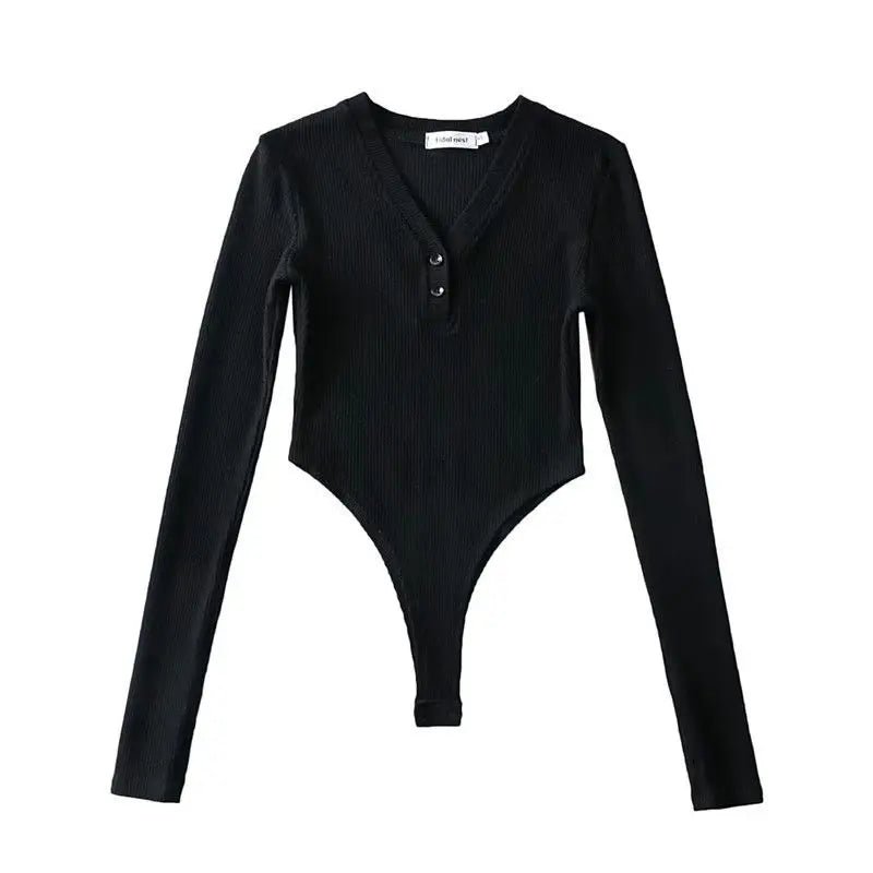 Retro Button V - neck Girl Bodysuit Women Sexy Long Sleeves Jumpsuit Long Sleeve Bodysuit - Zeprah