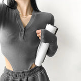 Retro Button V - neck Girl Bodysuit Women Sexy Long Sleeves Jumpsuit Long Sleeve Bodysuit - Zeprah