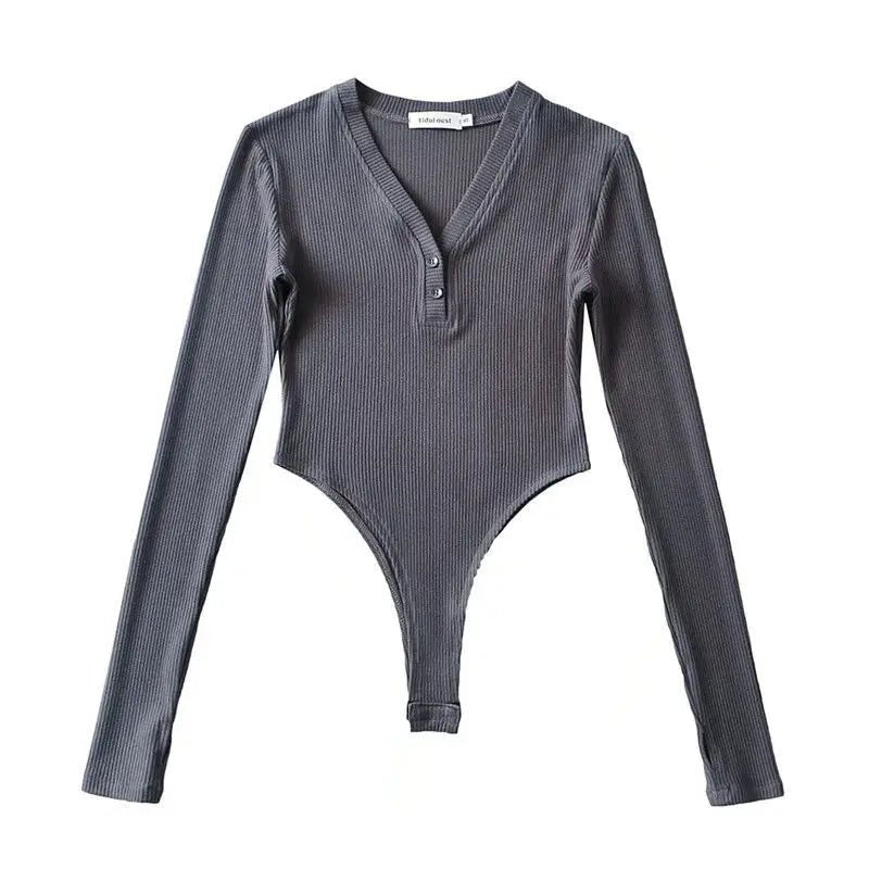Retro Button V - neck Girl Bodysuit Women Sexy Long Sleeves Jumpsuit Long Sleeve Bodysuit - Zeprah