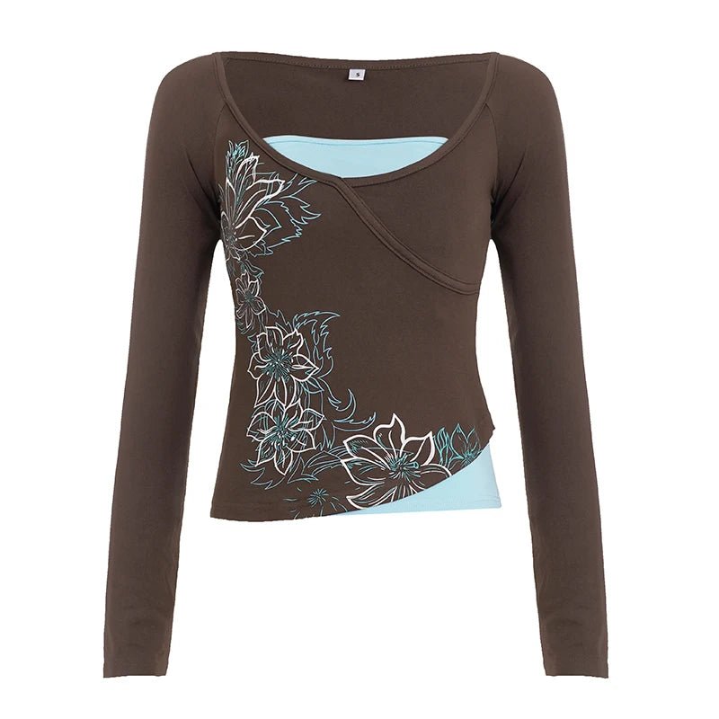 Retro Print Contrast Color V - Neck Long Sleeve Knitted Digital Printing T-Shirt | Slim Fit Comfortable Casual Top - Zeprah