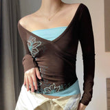 Retro Print Contrast Color V - Neck Long Sleeve Knitted Digital Printing T-Shirt | Slim Fit Comfortable Casual Top - Zeprah