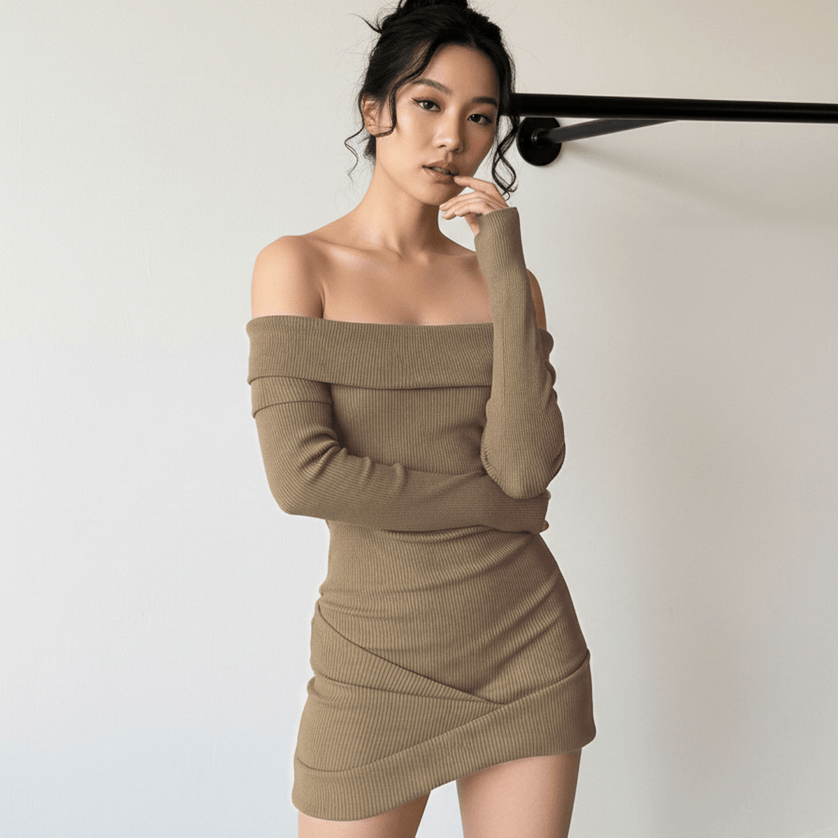 Ribbed Knit Off - Shoulder Ruched Mini Dress - Zeprah