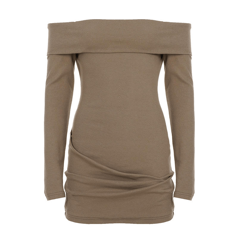Ribbed Knit Off - Shoulder Ruched Mini Dress - Zeprah