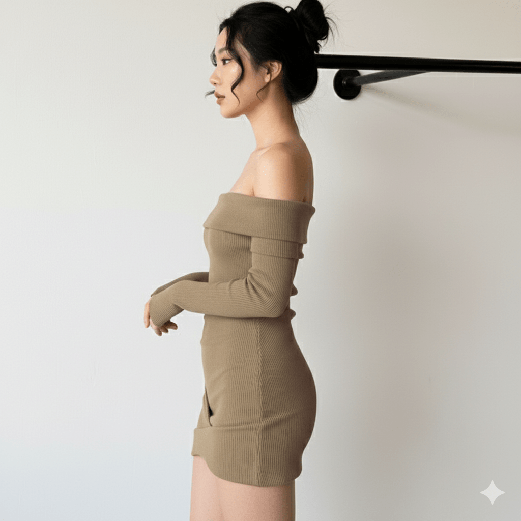 Ribbed Knit Off - Shoulder Ruched Mini Dress - Zeprah