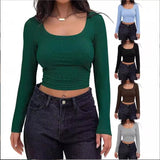 Ribbed Long - sleeved Top Square Collar Crop Top Slim - fit Long - sleeved T-shirts - Zeprah