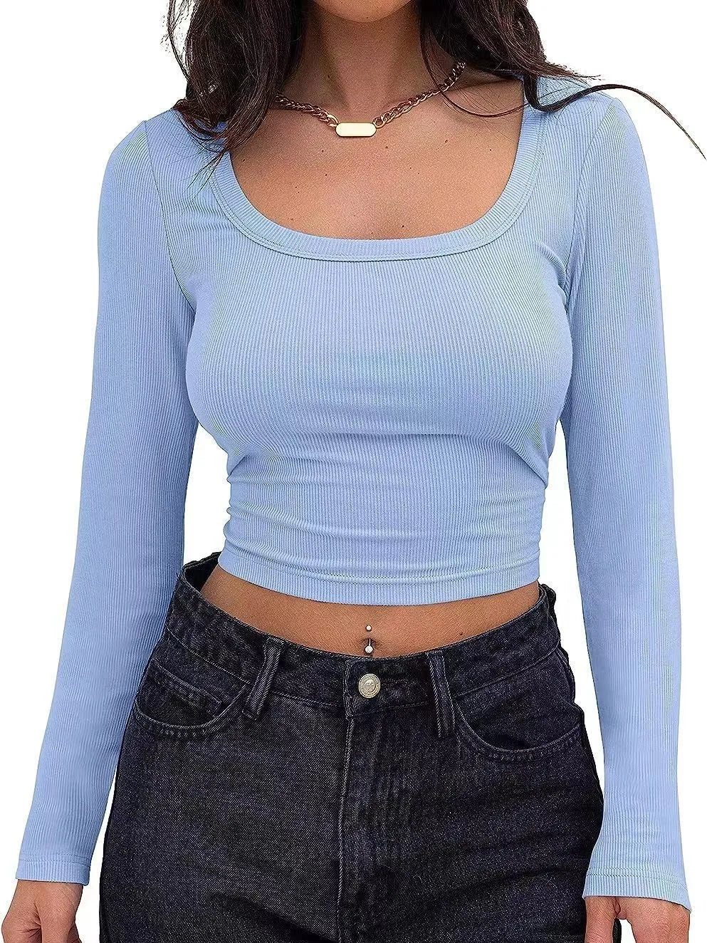 Ribbed Long - sleeved Top Square Collar Crop Top Slim - fit Long - sleeved T-shirts - Zeprah