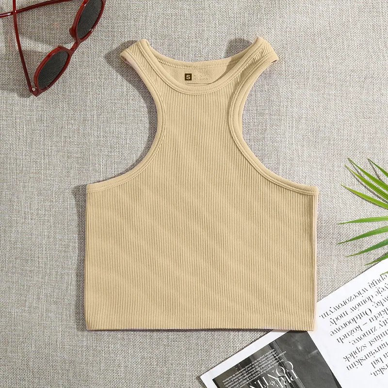 Ribbed Racer Back Round Neck Sports I - shaped Short Vest Bra Crop Top - Zeprah