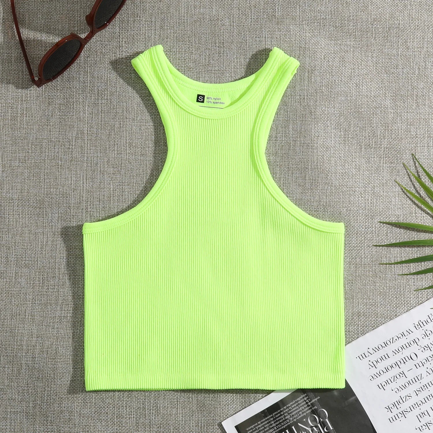 Ribbed Racer Back Round Neck Sports I - shaped Short Vest Bra Crop Top - Zeprah