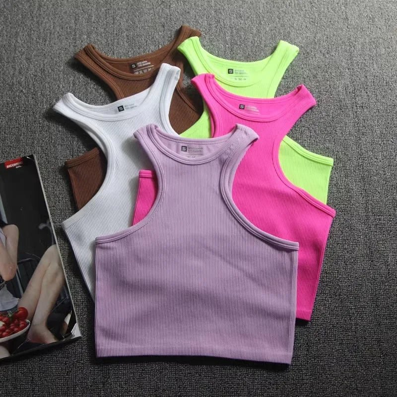 Ribbed Racer Back Round Neck Sports I - shaped Short Vest Bra Crop Top - Zeprah