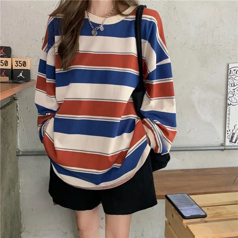 Round Neck Base Shirt Streak Long Sleeve T-shirt Loose - fit Long Sleeve Short Top - Zeprah