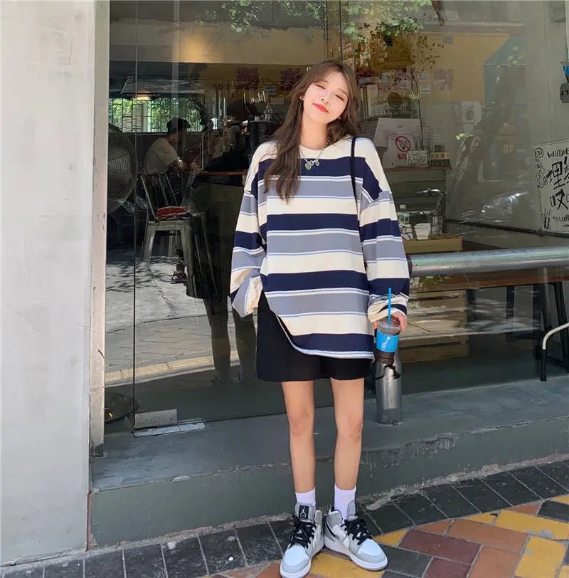 Round Neck Base Shirt Streak Long Sleeve T-shirt Loose - fit Long Sleeve Short Top - Zeprah