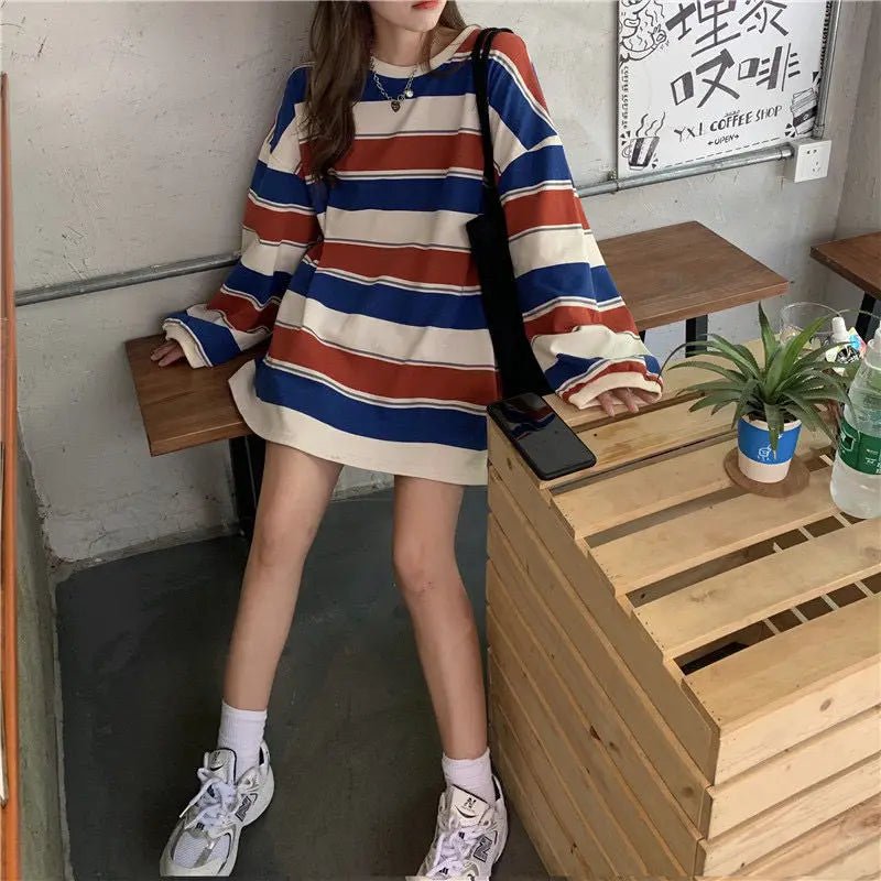 Round Neck Base Shirt Streak Long Sleeve T-shirt Loose - fit Long Sleeve Short Top - Zeprah