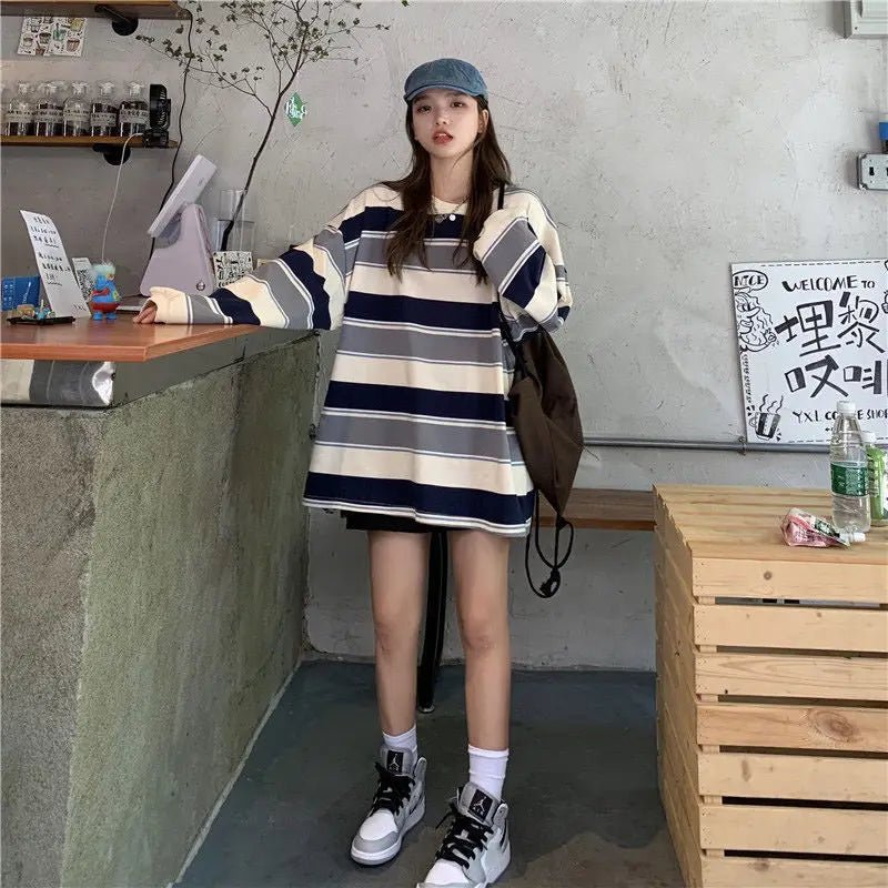 Round Neck Base Shirt Streak Long Sleeve T-shirt Loose - fit Long Sleeve Short Top - Zeprah