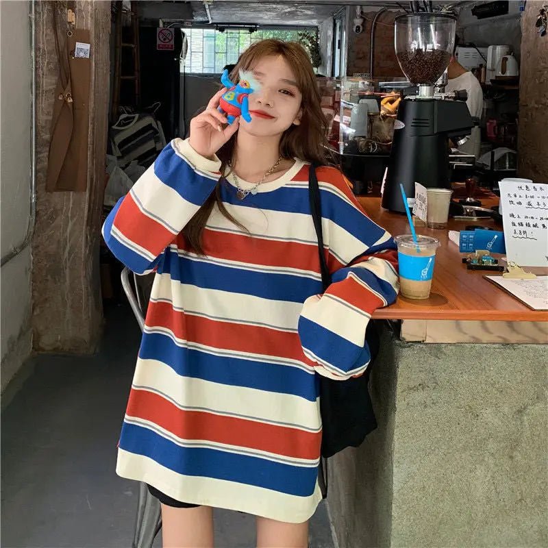 Round Neck Base Shirt Streak Long Sleeve T-shirt Loose - fit Long Sleeve Short Top - Zeprah