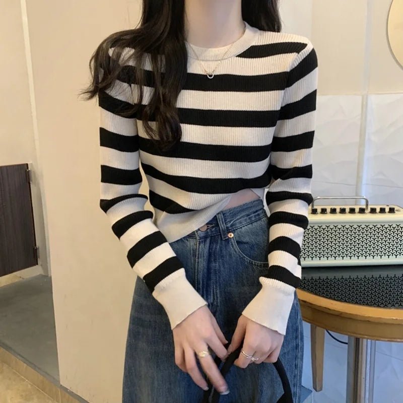 Round Neck Base Sweater Knitted Long - sleeved Top Slim - fit Long Sleeve Short Top - Zeprah