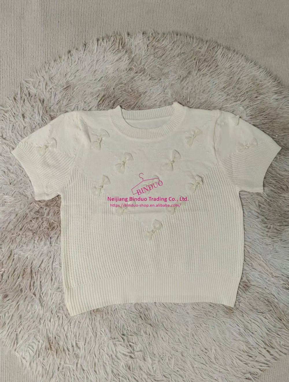 Round Neck Bow Short Sleeve Knitted T-shirt for Women New Summer Style Short - Sleeved Tee Knitted T-shirt - Zeprah