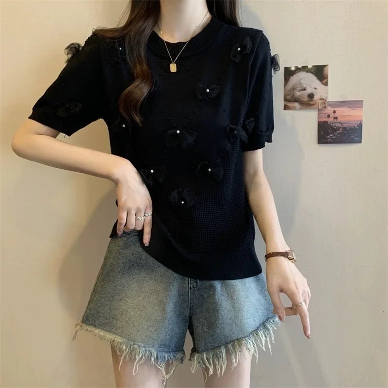 Round Neck Bow Short Sleeve Knitted T-shirt for Women New Summer Style Short - Sleeved Tee Knitted T-shirt - Zeprah