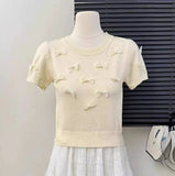 Round Neck Bow Short Sleeve Knitted T-shirt for Women New Summer Style Short - Sleeved Tee Knitted T-shirt - Zeprah