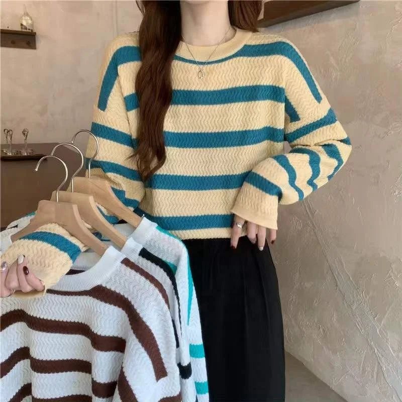 Round Neck Knit Sweater Streak Long - sleeved Top Loose - fit Long Sleeve Short Top - Zeprah