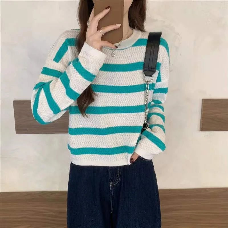 Round Neck Knit Sweater Streak Long - sleeved Top Loose - fit Long Sleeve Short Top - Zeprah