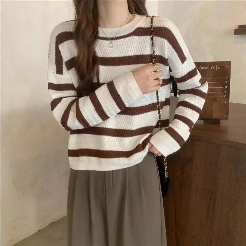 Round Neck Knit Sweater Streak Long - sleeved Top Loose - fit Long Sleeve Short Top - Zeprah