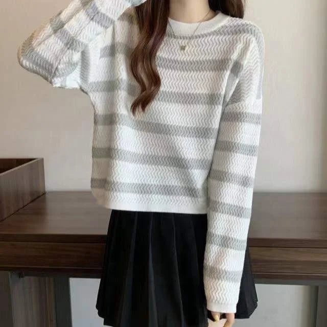 Round Neck Knit Sweater Streak Long - sleeved Top Loose - fit Long Sleeve Short Top - Zeprah