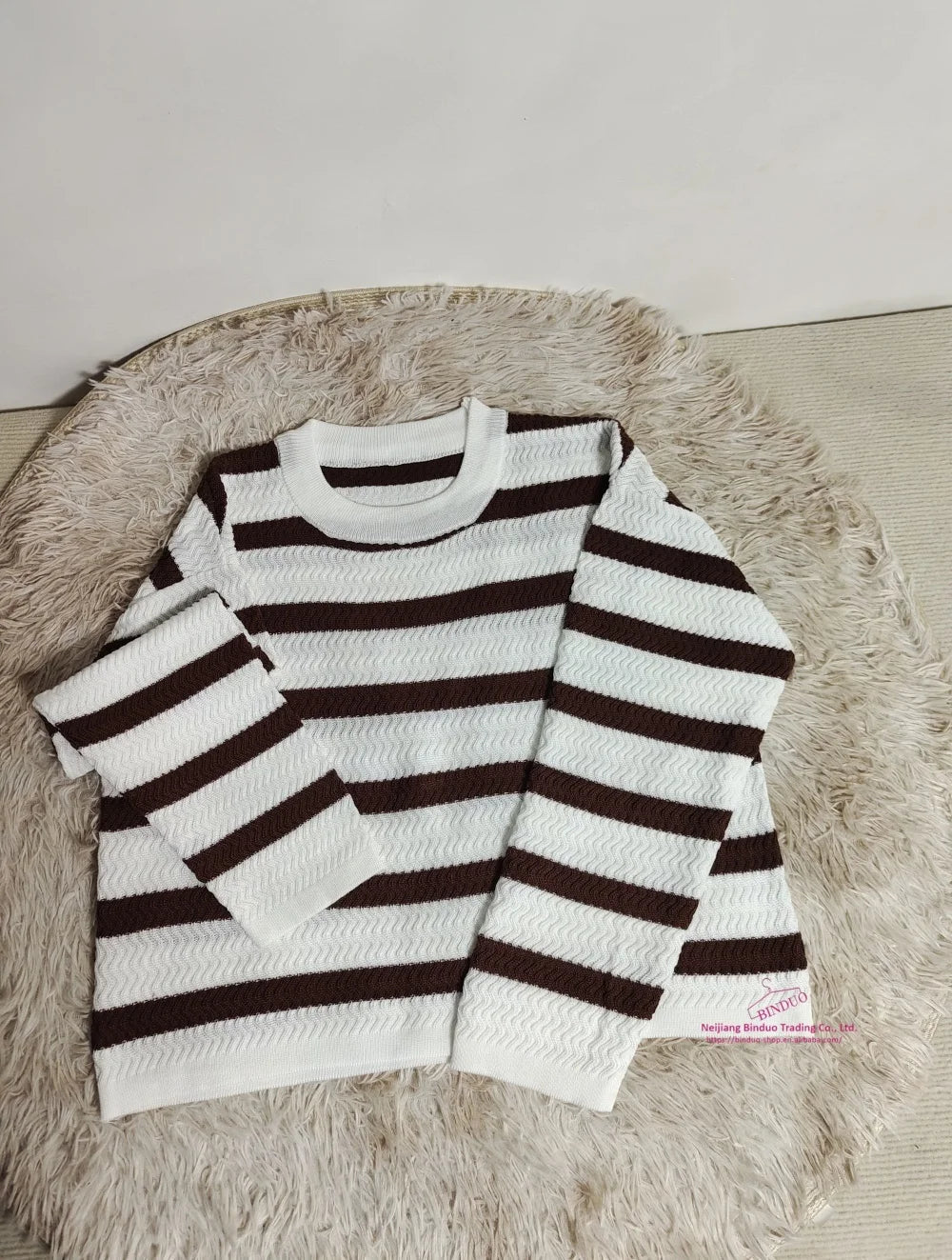 Round Neck Knit Sweater Streak Long - sleeved Top Loose - fit Long Sleeve Short Top - Zeprah