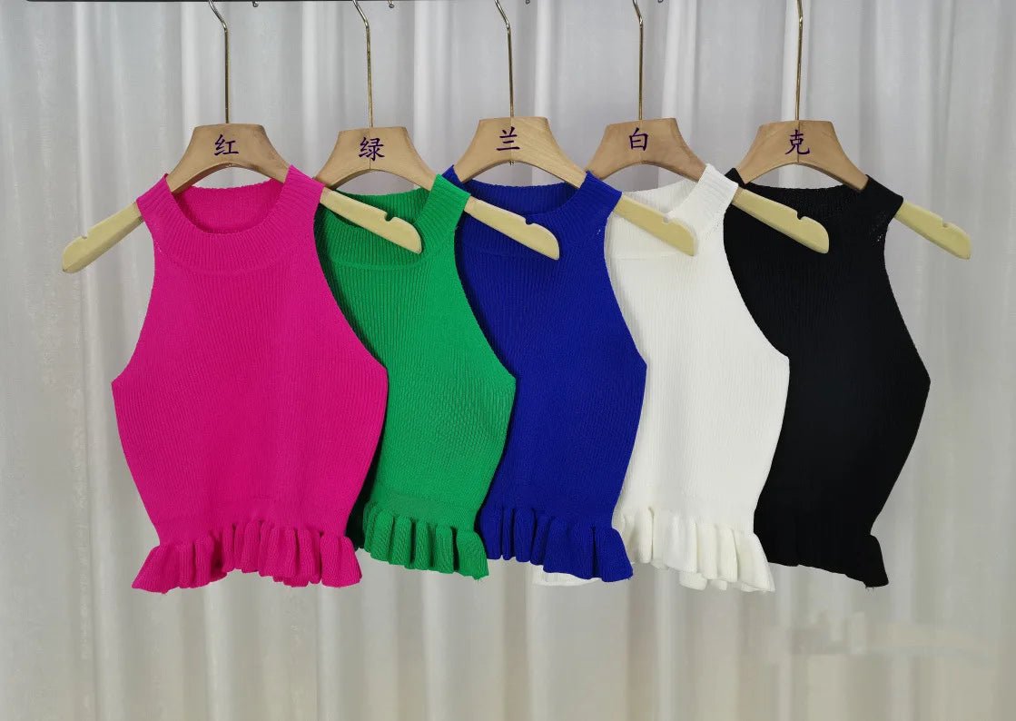 Round Neck Tank Top for Women Knitted Camisole Flounce Going Out Tops - Zeprah