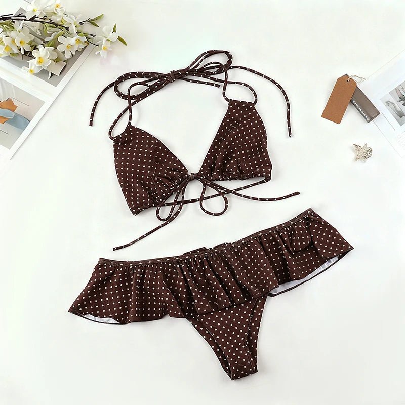 Ruffle Pleated Polka Dot Knee Short Skinny Bikini Set - Vacation Tie - Front Bralette Thong Sexy Beach Knitted Quick Dry Swimsuit - Zeprah