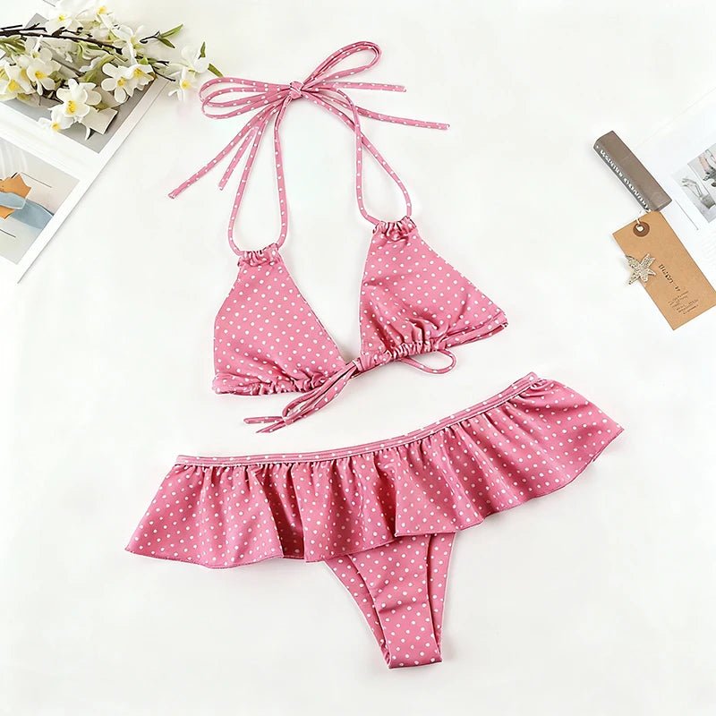 Ruffle Pleated Polka Dot Knee Short Skinny Bikini Set - Vacation Tie - Front Bralette Thong Sexy Beach Knitted Quick Dry Swimsuit - Zeprah