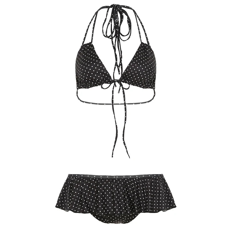 Ruffle Polka Dot Above Knee Short Skinny Bikini Set - Vacation Tie - Front Bralette & Thong Sexy Beach Knitted Swimsuit - Zeprah